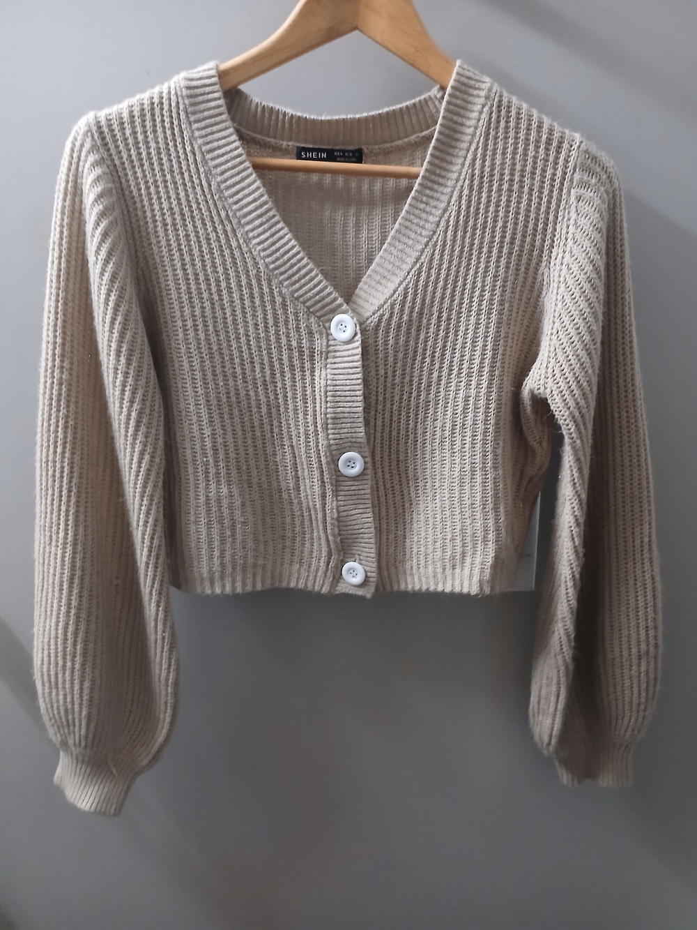 Beige Ribbed V-Neck Cropped Button Cardigan